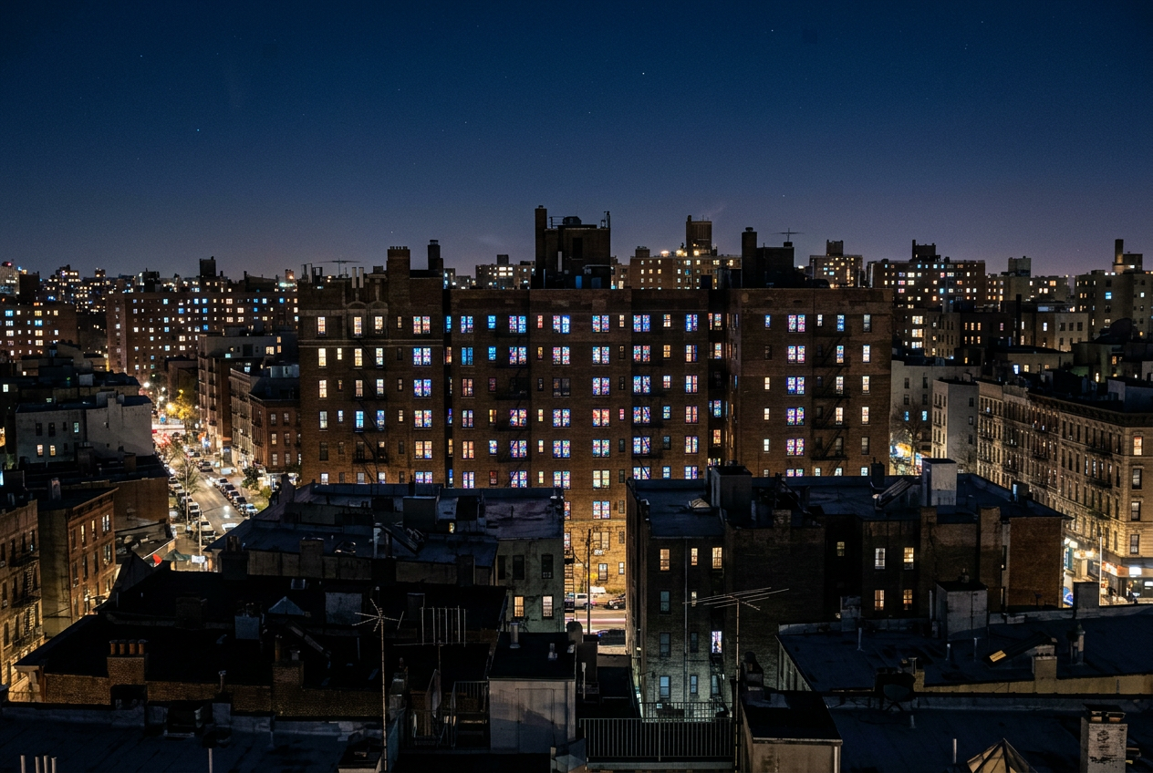 An apartment block and rooftops at midnight, many windows glowing with the same mosaic of colour