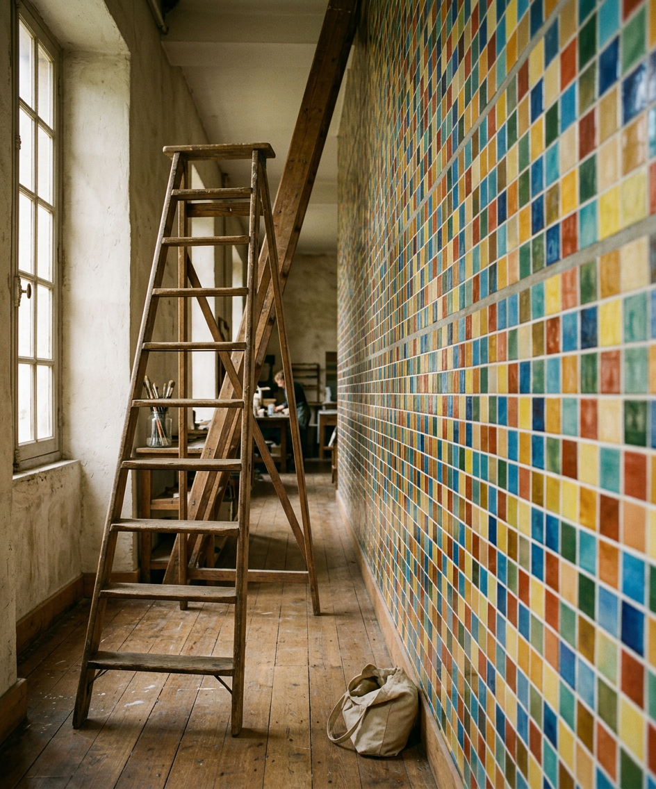 A tall wall of small coloured square tiles seen at a steep angle, with a wooden ladder leaning beside it