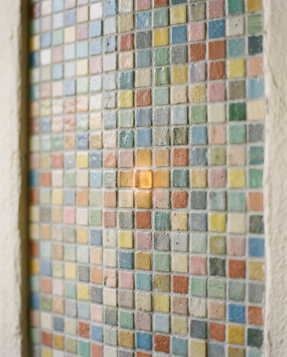 Close view of a wall of small square tiles in soft colours, with one tile glowing a little brighter than the rest
