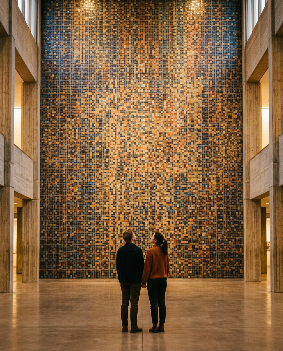 Two people seen from behind, looking up at a towering wall made of countless small tiles